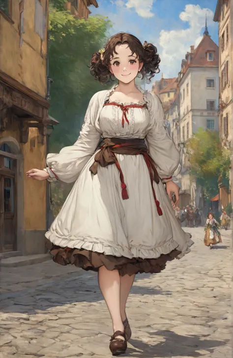 1girl, smile, little fat, brown eyes, forehead, black curly short hair, low twintails hair, outdoor, walking, foot, full body, traditional polish clothes, hotel background, dynamic female action pose, shy,Pierre Auguste Renoir: Impressionism style, Peter P...