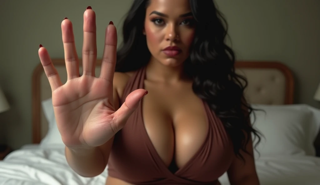 Create a image in which a huge curves girl shows her long fingers in camera 