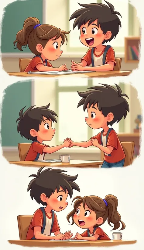 Here is the illustrated story sequence showing the boy and girls playful interaction in the classroom. Each frame captures the emotions and expressions as the story unfolds. Let me know if youd like any adjustments!

