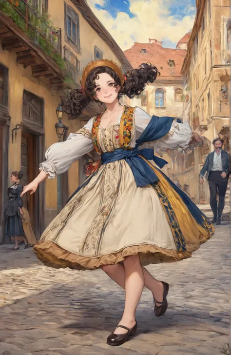 1girl, smile, little fat, brown eyes, forehead, black curly short hair, low twintails hair, outdoor, walking, foot, full body, traditional polish clothes, hotel background, dynamic female action pose, shy,Pierre Auguste Renoir: Impressionism style, Peter P...