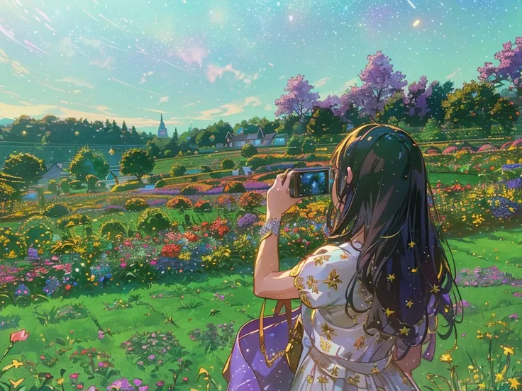 (  The girl holds up her phone with her back to the camera， has a field of flowers in front of it ，Starry Garden ，，，,  Shiny and 、it&#39;Soft, , , ,  iridescent color , Vivid rainbow colors ,  glitter and magic , , Interesting, ,  

( is the best quality, ...