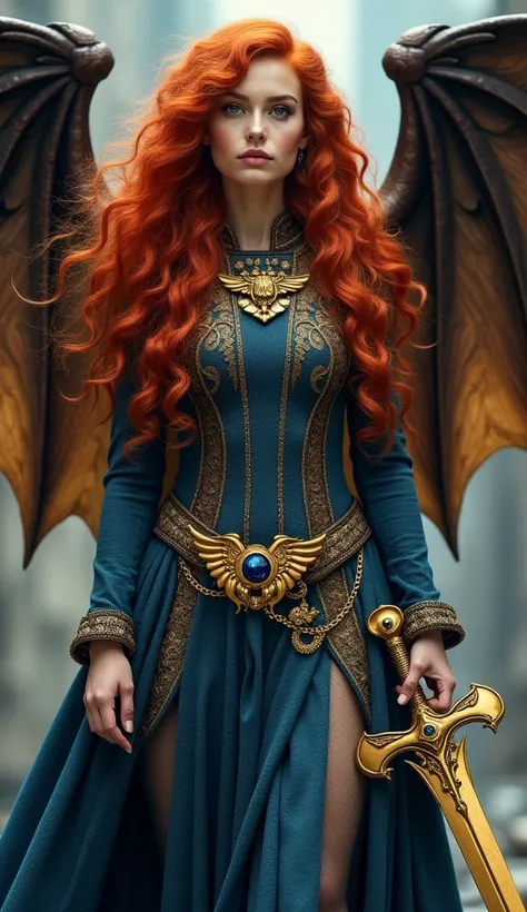 ( full body wool sweater), (high resolution)  a woman with long curly red hair ,  has wings on her back  ( right wing part bat ) and ( left that of an angel ),  has a golden sword with a gem on the handle in the right hand, and en la mano izquierda tiene u...