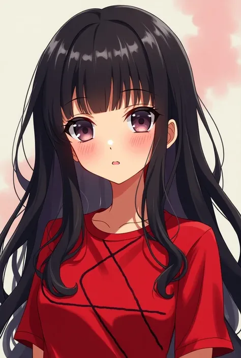 A girl with long hair and a red shirt with black lines Anime
