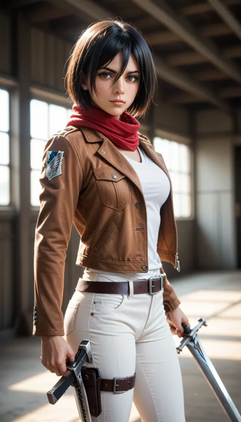 score_9, score_8_up, score_7_up, (cowboy shoot photo), (mikasa ackerman), 1girl,  short hair, black eyes, scarf, emblem, belt, t...