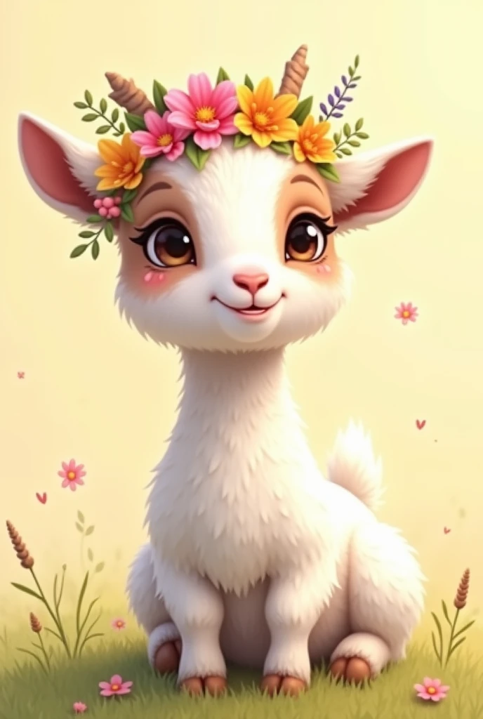 A sweet baby goat with a flower crown made of colorful wildflowers, looking up with a gentle smile, digital illustration. The goats fur is fluffy and well-detailed, with soft shades of white and brown. The background is a soft pastel yellow, adding a warm,...