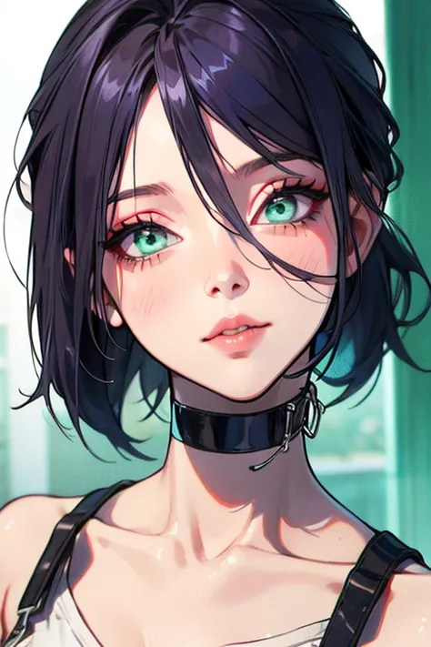 (Best Quality)、(Best Quality)、cut、  Chainsaw Man、cute、(  choker). Emerald Eyes 、Her hair is purple  、  short bob、beautiful　whole body、   Details、強力な   Details、cut、(((  shorts)).((Keep your face image )).(Kiss the viewer)).