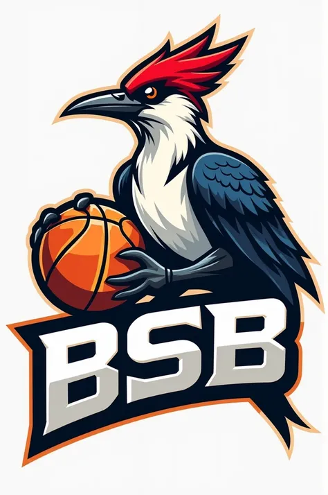 Create a Woodpecker bird basketball team logo holding a basketball with woodpecker writing underneath BSB