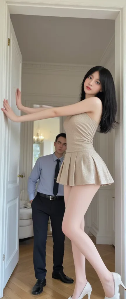 a slim japanese giantess beauty (15 feet tall) trapped in a small bedroom, side view perspective, her head and shoulders nearly ...