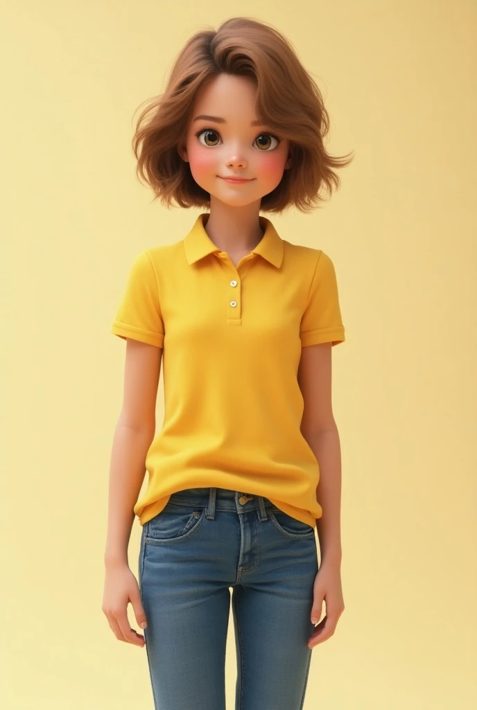 Girls brown hair yellow polo shirt and jeans