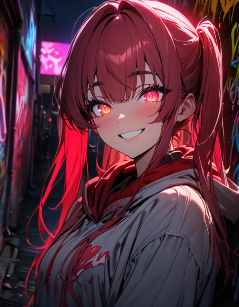 masterpiece, Best Quality, 8k, detailed background, masterpiece, Best Quality, smile,  t I ,  hoodie, Portraiture, Neon Red, graffiti, dark, night, Shining Eyes,  Black Light,Houshou Marine