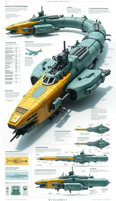 An infographic of slither shape military heavy space war water vehicle armored concept, industrial design futuristic,yellow and teal color pallete, detail information, in white board. 