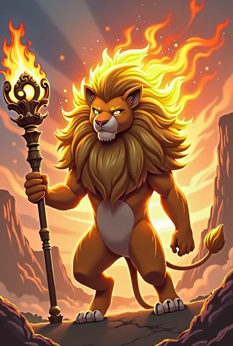 Pokemon lion king with a scepter and a crown of fire 