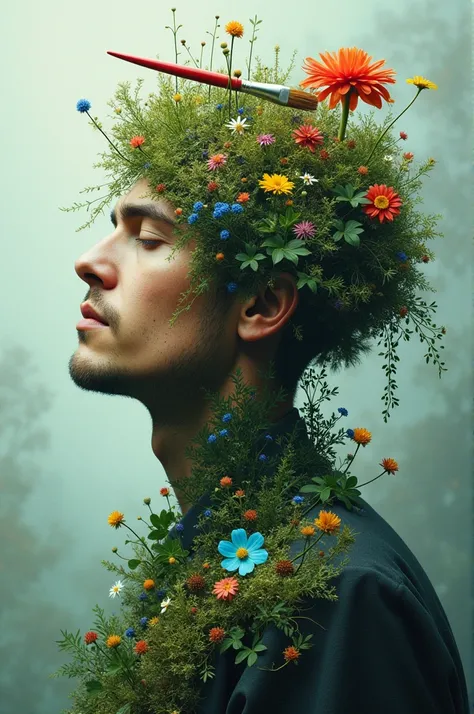 The man on his head appeared beautiful colorful plants and a brush with a bunch of colors