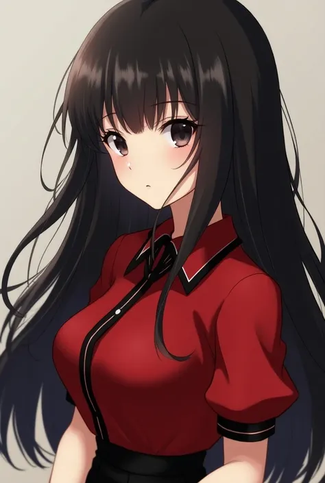 A girl with long hair and a classic red blouse
with short sleeves and black lines Anime and with black eyes
