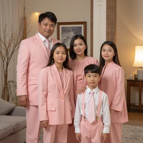 a photograph, Indonesian family, 5 people consisting of: father, 35 years old, slightly fat body, neat hair. wife, 30 years old, shoulder length hair. A teenage girl, long hair, . A  girl. a  boy. They wear formal suite with soft-pink shades. the backgroun...