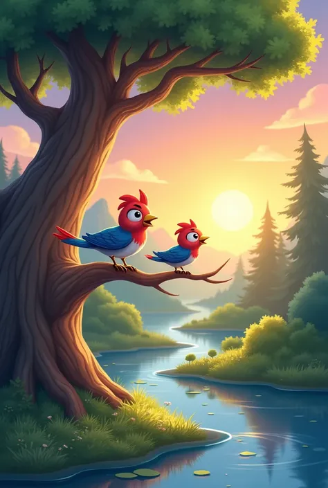 Bird characters standing on tree,bird with blue and red combination,tree near the rever,and sun rises 