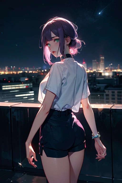 (Best Quality)、(Best Quality)、cut、  Chainsaw Man、cute、(  choker). Emerald Eyes 、Her hair is purple  、  short bob、beautiful　whole body、   Details、強力な   Details、cut、(((  shorts)).((Keep your face image )).  The stars shine in the night sky、 and a group of bu...