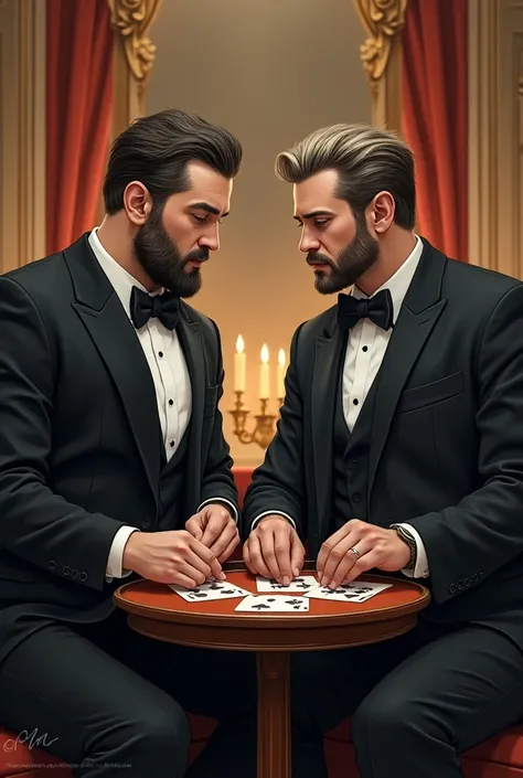 Two leader playing card and enjoying  both without beards mens