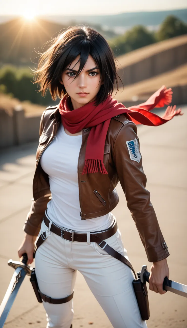 score_9, score_8_up, score_7_up, (cowboy shoot photo), (mikasa ackerman), 1girl, short hair, black eyes, scarf, emblem, belt, th...