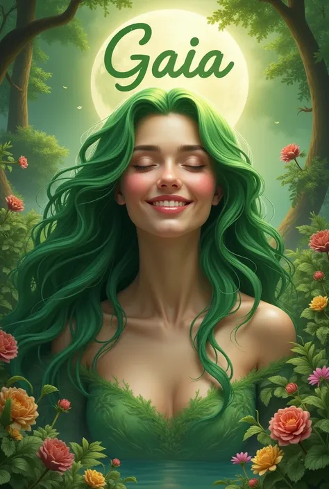 Create a very perfect and smiling goddess Gaia , very beautiful, with wavy and green hair ,  with a beautiful background in nature and with her name written on it