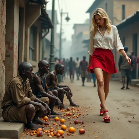 side shot. on a street, Three African Wanderers, filthy , thin, dressed in dirty clothes ,  are lying on the floor ,  eating fruit crushed straight from the ground . a russian woman, white skin, golden hair, blonde, robusta,  beautiful feet, dressed in a r...