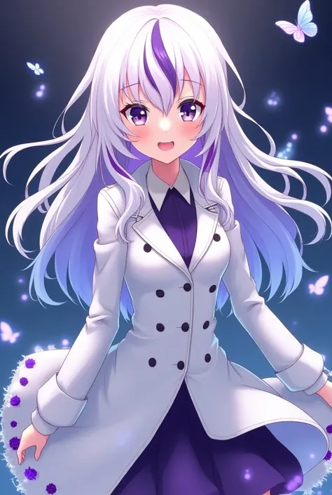  Demon Slayer screenshot .
 Make a girl with straight hair with white hair and purple highlights. He has dark blue eyes 、 hes bright blue and has a big smile .  she wears a white trench coat 、 has purple decorations on the hem of her trench coat 、 has butt...