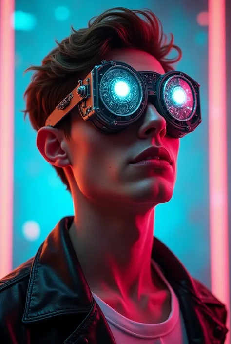  Skinny 23-year-old white boy wearing crazy glasses that looks like a time machine. Abstract image. 80s design in the image . 