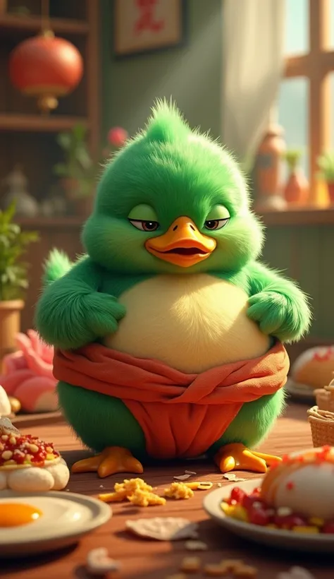 Imagine a little green duck wearing sumo pants eat food that is in a lot of background around it eat a lot ,pixar style 