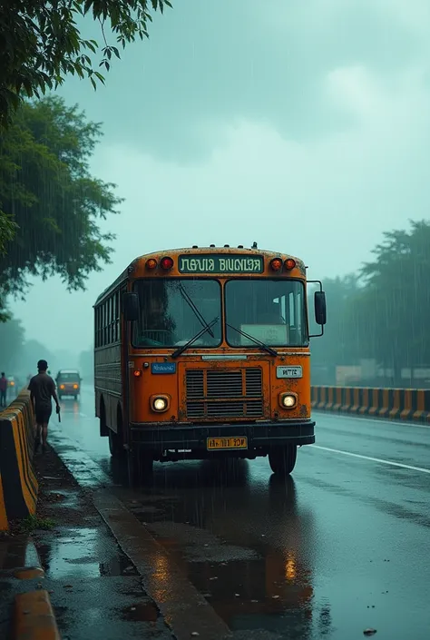 Indian RTC bus in stop in road,with the background of clouds,and raining, on Highway 