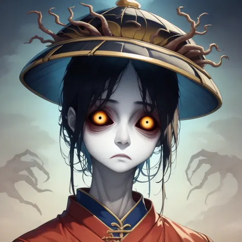  traditional Chinese characters 。Pale skin and expressionless 、 dark dark dark dark dark circles under the eyes 。 A spell bill with red kanji written on it is attached to the forehead 、 as if revived from a dead state 、 with their hands sticking out in fro...