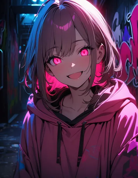 masterpiece, Best Quality, 8k, detailed background, masterpiece, Best Quality, smile,  t I ,  hoodie, Portraiture, Neon Red, graffiti, dark, night, Shining Eyes,  Black Light,Hoshino Ruby