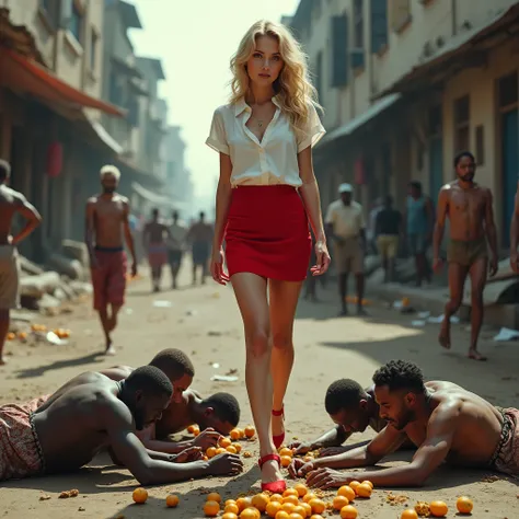 a street with three African vagabonds , filthy , thin, dressed in dirty clothes ,  are lying on the floor ,  eating fruit crushed straight from the ground . a russian woman, white skin, golden hair, blonde, robusta,  beautiful feet, dressed in a red minisk...