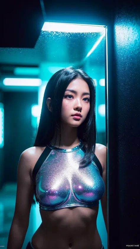 Analog photo, dark shot, low profile, action, (smart asian girl, 20 years old:1.1), beautiful eyes, Beautiful shiny hair, big breasts, fit, reflection on the wall background, abstract atmosphere, (prismatic, holographic:1.2), glitter, neon lights, (neon li...