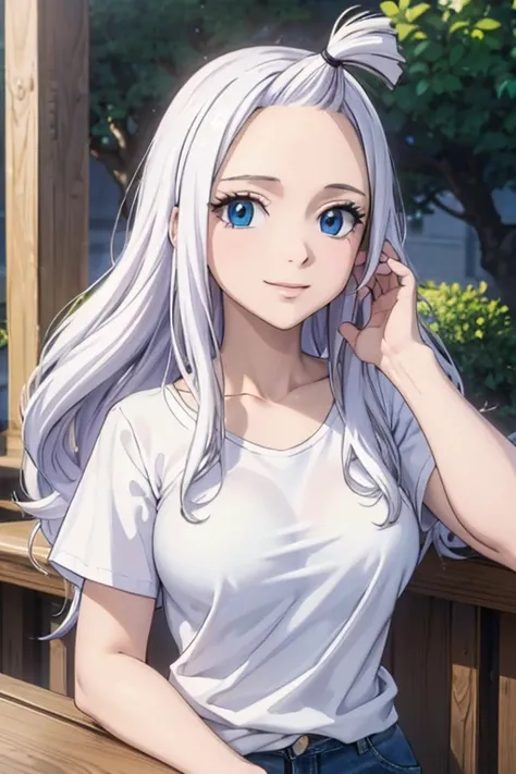 (Best Quality, 4k, 8k, Hi-Res, Masterpiece: 1.2), Ultra-Detailed, Realistic, Photorealistic: 1.37, Mirajane Strauss, beautiful woman with long straight wavy white hair and blue eyes, with a beautiful smile, wearing an all-white t-shirt without a pattern an...