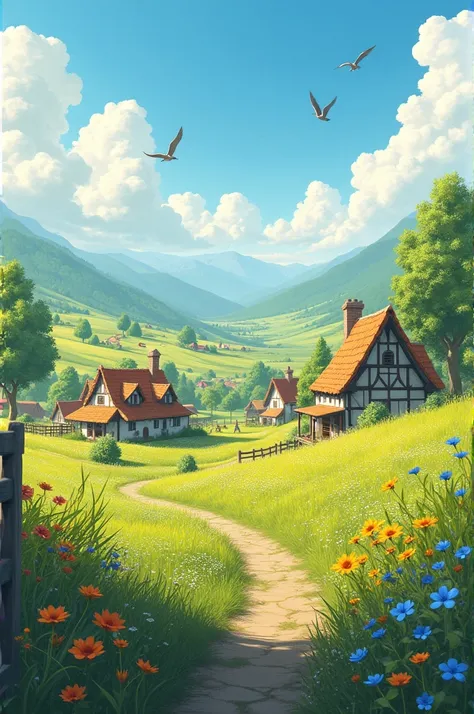 A picturesque village surrounded by lush green fields, colorful flowers, and a few traditional houses. A warm, sunny morning with birds flying in the sky.