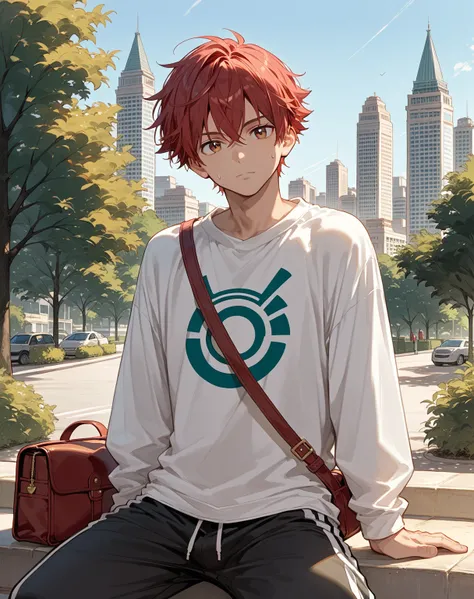 score_9, score_8_up, score_7_up, source_anime {{cowboy shot, source_anime, outdoors, city, park, looking at viewer, solo, sitting on ledge}} male, mikoshiba mikoto, crimson hair, crossed bangs, sweatpants, oversized shirt, satchel, head tilt.
