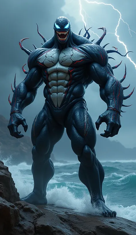 Create a hyper-realistic image of a monstrous figure personifying Panama, inspired by the style of Venom. The creature should have a powerful, muscular body, with swirling blue and red veins glowing across its dark skin, symbolizing Panama’s strength and t...