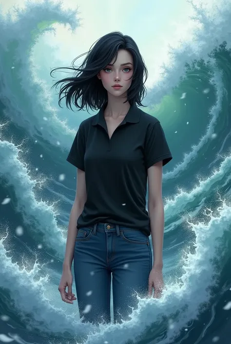 Black-haired girl in waves with black polo and jeans 