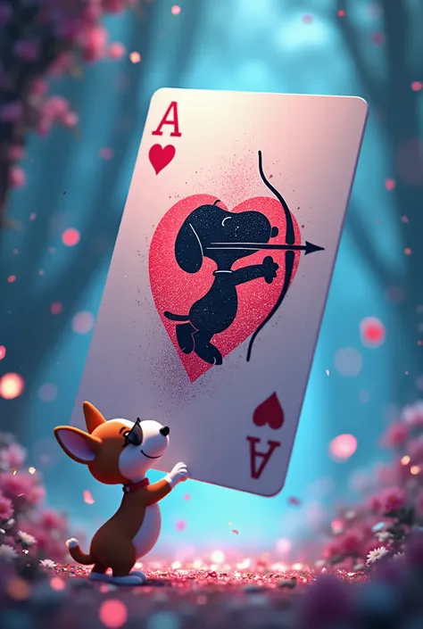    large playable card that dances in the air    、    spade playable card   ♠、  diamonds   ♦、クラブ♣ハート❤のエースの絵はスヌーピーの傑作で弓を射ている,  cute corgi dog in sunglasses looking with a smile、Best Quality,      high resolution model    ,     very detailed, 3D Isometric, M...