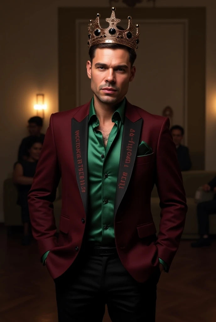 40 year old man, Without Beard,  wearing a burgundy blazer ,  emerald green satin shirt and black pants . It has a black band that says Its My Birthday Bitches in addition to wearing a bronze-colored crown with black diamonds. Its his birthday 