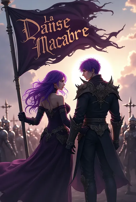 A man and a woman with purple hair leading a guild, holding a flag of his guild with the word La danse Macabre in his hands and behind him his army of warriors