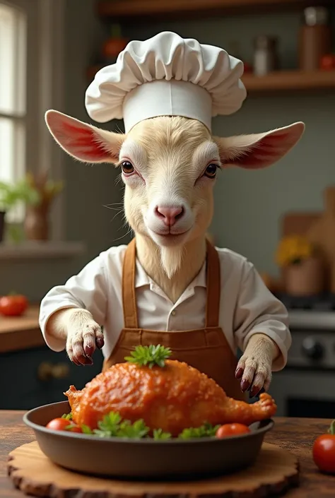  A cute photo shows a young goat wearing a small chefs hat, with a serious but adorable expression ,  ready to roast delicious-looking mutton .  A cute goat face adds to the cheerfulness in the kitchen ,  creates a pleasant cooking atmosphere .