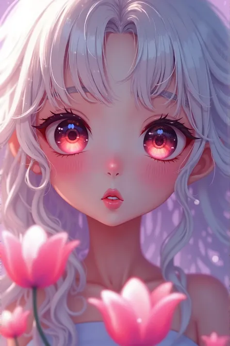 masterpiece，Dazzling colorful light，Ultra Detailed，A girl，big eyes，tulip，Extra long curly hair，White-blond hair，A fascinating adventure，Glowing lips，Close-up of face，Exposed shoulders，Dreamy and beautiful，Thick paint of the characters，Fine brushstrokes，wal...