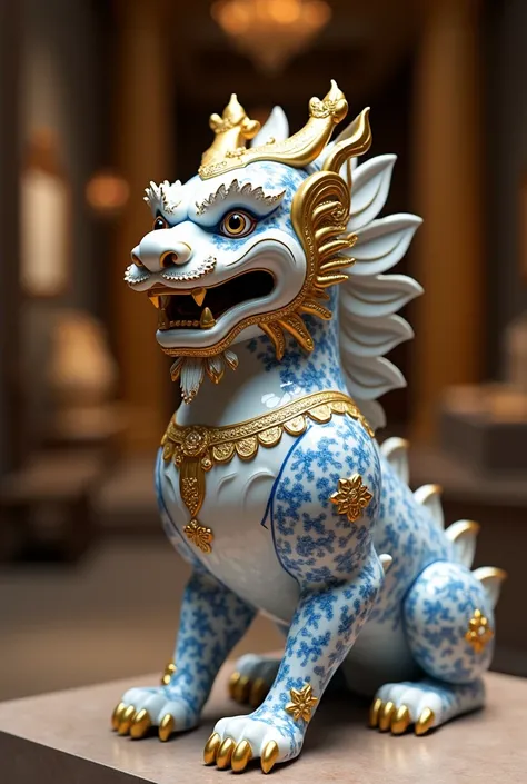 RAW, photorealistic. a Balinese Barong, made of porcelains with ginghua art, blue and white. with gold ornaments. intricately detailed. in a luxurious museum. sharp focus.