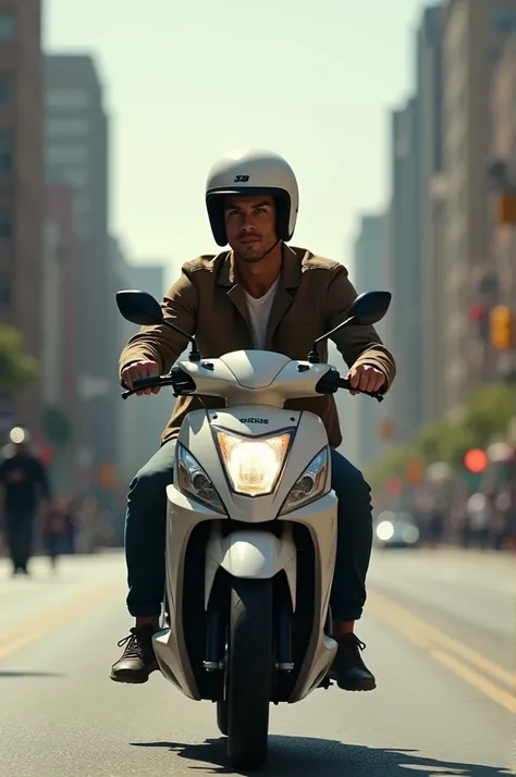 Of course,  here is a brief description of Cristiano Ronaldo riding a Honda Beat :


---

Cristiano Ronaldo ,  with his trademark confident style ,  is seen riding a Honda Beat motorcycle through the streets of the city .  With a simple helmet protecting h...