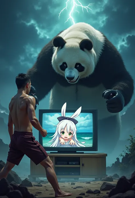 in the super intense thunder and super huge tsunami all around, angry and rage and yelling realistic 1man(age of 30,very short hair,black hair,Muay Thai costume) and realistic 1giant-panda(fluffy, giant,huge, scary) are watching TV-show(anime,1girl(chibi,h...