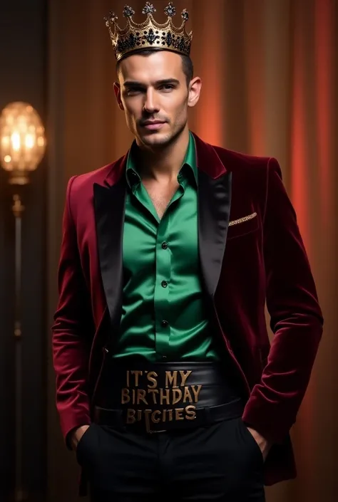 40 year old man, Without Beard,  wearing a burgundy blazer ,  emerald green satin shirt and black pants . It has a black band that says Its My Birthday Bitches in addition to wearing a bronze-colored crown with black diamonds. Its her birthday whose theme ...