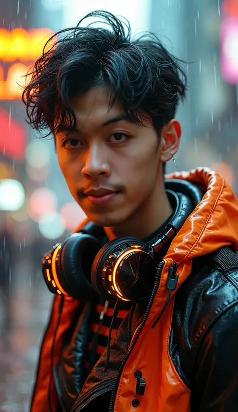 portrait of a handsome teenager with an Indonesian face, Korean hairstyle,. Wearing a futuristic cyber punk costume with a black and orange light costume. With a cool pose looking at the camera. futuristic cyberpunk city background with orange lights, rain...