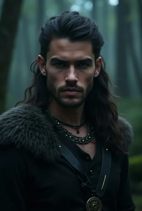 A strong, handsome young man with Nordic features, standing in a mystical forest similar to Freyas realm, surrounded by an ethereal glow. He has dark, wavy hair, piercing eyes, and a rugged, mysterious look. Hes dressed in Viking-inspired attire, with elem...