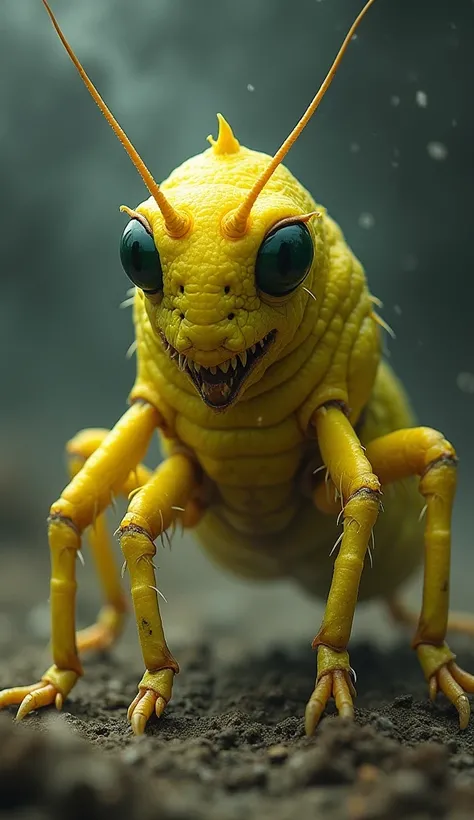 "Design a hybrid creature that seamlessly combines features of a lemon and a grasshopper into a single, monstrous entity. The creature should have the segmented body and limbs of a grasshopper, but with the texture and appearance of a lemon—rough, yellow, ...